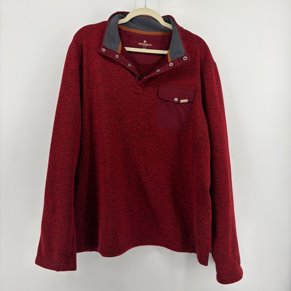 Woolrich Pullover Fleece Snap Neck Pocket Red Long Sleeve Sweater‎ Men's XXL